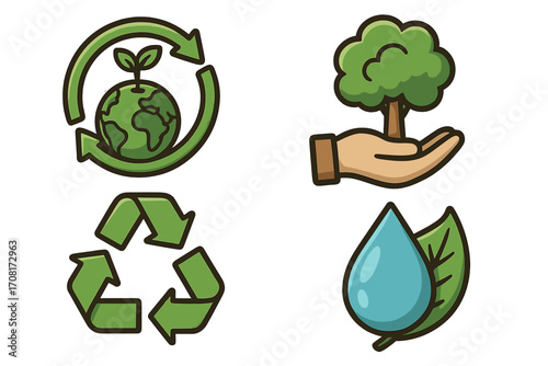 Sustainability icon set. Nature conservation, recycling, water preservation concepts for eco friendly practices. Save the planet, green earth vector cartoon illustration.
