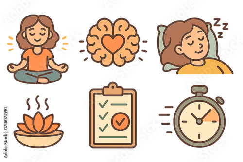 Mindfulness practices and time management icon set for personal development. Vector concepts for relaxation, mental health, meditation, sleep, planning, and work-life balance.
