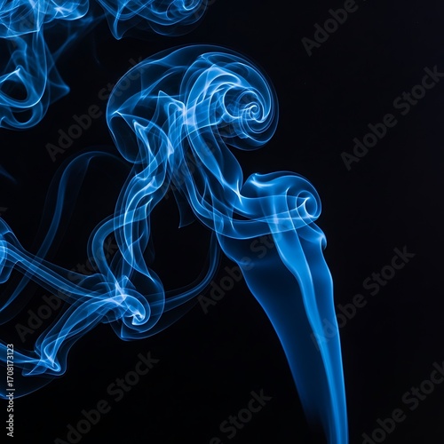 Abstract design of swirling, blue smoke on a dark background.