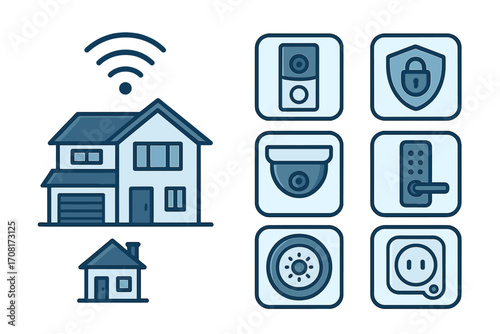 Smart home technology icon set for home automation system. Vector icons for security camera, smart lock, cctv, energy management, and wireless remote control devices.