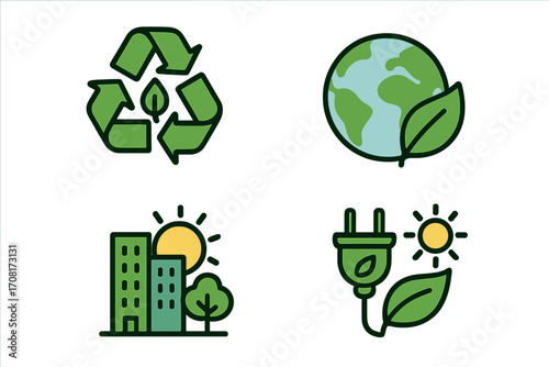 Sustainability icon set. Vector symbols for environmental concepts like clean energy, recycling, and green city initiatives. Eco-friendly power and nature conservation signs.