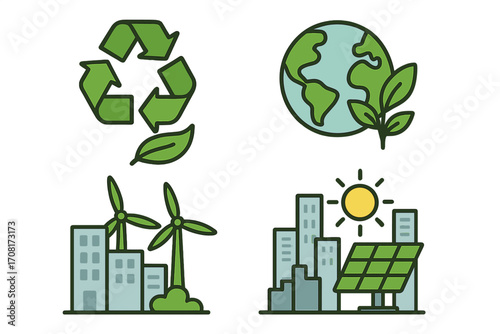 Set of sustainability icons. Environmental awareness and clean energy. Urban ecology. Recycling symbol, planet Earth, wind turbine and solar panel. Green city concept vector.