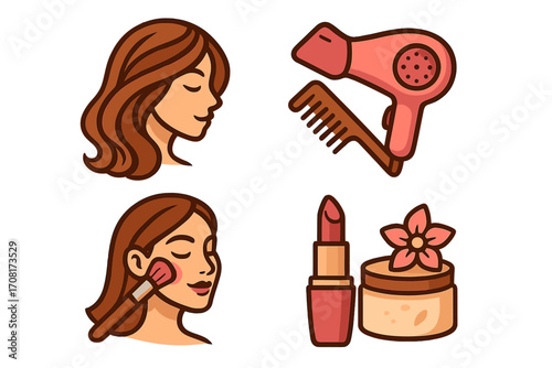 Beauty salon icon set. Hair and cosmetic vector logo elements. Cartoon illustration of woman face, hairdryer, comb, lipstick, makeup brush, cream. Skincare, spa symbols.