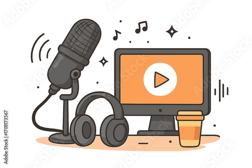 Podcast broadcasting concept. Streaming live. Vlogging and content creation. Studio microphone, headphones, computer screen. Recording audio. Radio host workspace vector illustration.