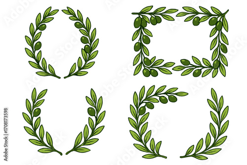 Olive branch wreath and frame set. Vector illustration of green olive laurels. Greek decorative borders and corners. Food, organic, peace and victory concept design.