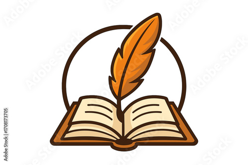 Open book with feather quill pen logo. Vector cartoon illustration for a writer, author, or publisher. Symbol of literature, storytelling, knowledge, and education. History icon.
