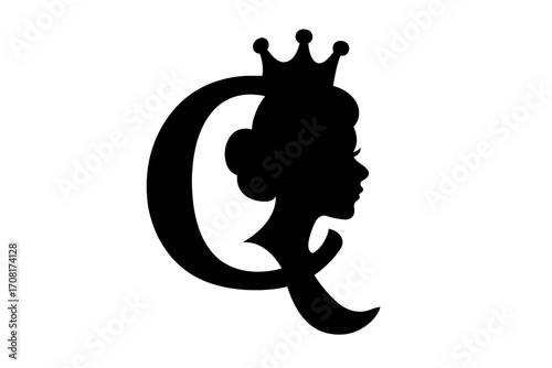 Elegant monogram letter Q with queen silhouette wearing crown, royal female profile vector illustration, luxury emblem design, classic regal symbol, isolated on transparent background