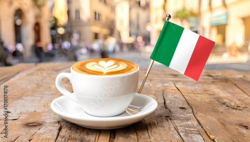 Fototapeta Naklejka Na Ścianę i Meble -  Italian cappuccino with latte art served on rustic wooden table with small Italian flag in background of sunny street café symbol of Italian coffee culture and lifestyle