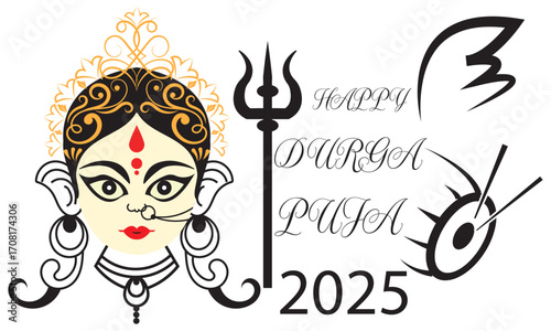 DRGA Puja festival illustration with goddess face. Vector illustration of Goddess DURGA face with festive decorative elements, symbolizing Hindu religious celebration and DURGA Puja greetings.