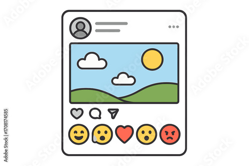 Social media app interface post with emoji reactions, vector cartoon illustration, digital communication, user interaction, like, love, surprise, anger reactions, transparent background