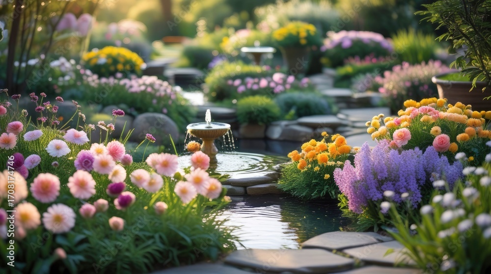 Fototapeta premium flower garden and small river 