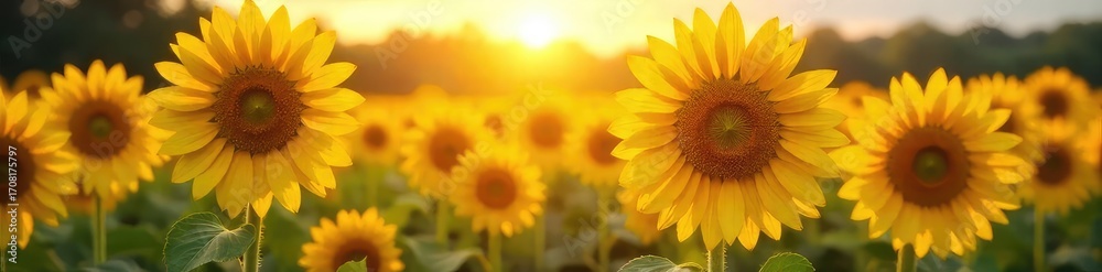Obraz premium Vibrant sunflowers bask in the golden sunlight, their faces turned towards the sun in a field of bright yellow and green A perfect summer scene of nature's beauty , scenic, rural