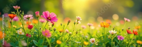 Vibrant wildflowers bursting into bloom in a lush green meadow, bathed in the warm sunlight of spring  A perfect representation of new life and natural beauty ,  renewal,  growth,  ecology