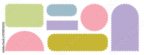 Wavy edges round and square frames set. Rectangular, oval scalloped frames. Isolated elements for design of text box, badge, banner.