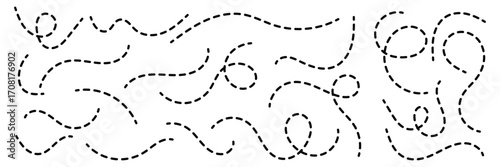 Hand drawn dotted line. Curly dotted line sign. Long dashed hand drawn squiggle. Dotted spiral curve line. Vector illustration. EPS 10