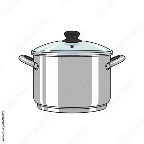 Vector illustration of a shiny stainless steel cooking pot with a glass lid and handles, isolated on a white background. Culinary kitchenware equipment