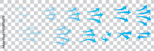 Air flow arrow. Set of blue arrow showing wind air flow. Vector set of air flow arrows. Blue air flow arrows showing wind circulation and ventilation.