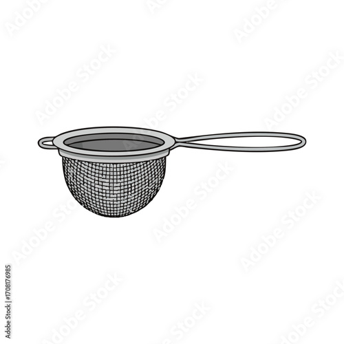 Monochrome vector art of a classic kitchen tea strainer, featuring a fine mesh and a long handle, an indispensable tool for brewing loose leaf tea or sifting ingredients