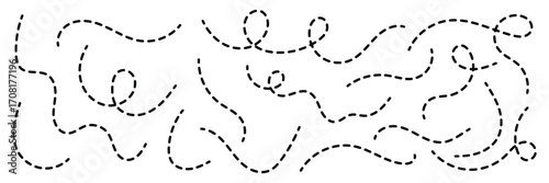 Hand drawn dotted line. Curly dotted line sign. Long dashed hand drawn squiggle. Dotted spiral curve line. Vector illustration. EPS 10