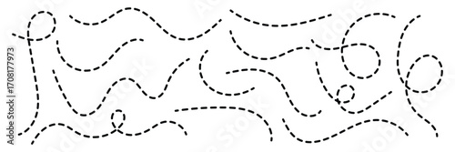 Hand drawn dotted line. Curly dotted line sign. Long dashed hand drawn squiggle. Dotted spiral curve line. Vector illustration. EPS 10
