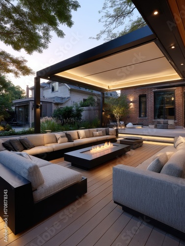 Outdoor seating area under a modern pergola.