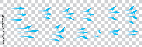 Air flow arrows set. Set of blue arrow showing wind air flow. Blue air flow arrows showing wind circulation and ventilation. Set of blue arrows showing direction of air movement.