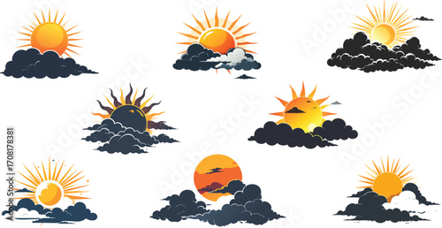 Silhouettes of the sun behind clouds.
