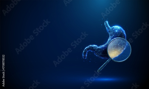 3d blue human stomach with magnifying glass and yellow contents inside. Gastric acid and bile analysis, digestive health assessment concept.