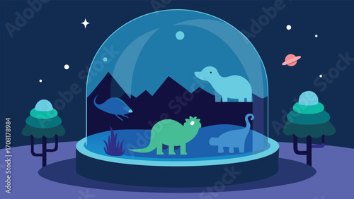 Futuristic bioluminescent animal zoo dome night scene scalable vector illustration eps