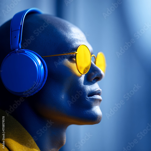 Close Up Portrait Of Black Man Wearing Blue Headphones And Yellow Sunglasses