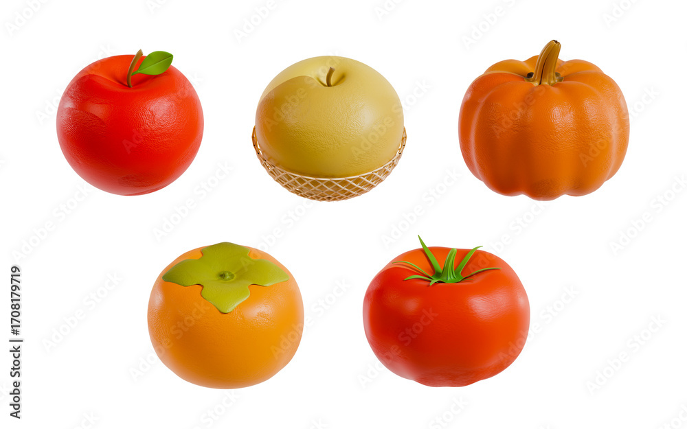 Fototapeta premium 가을 과일, 채소 3D 아이콘, set of autumn fruit, vegetables
