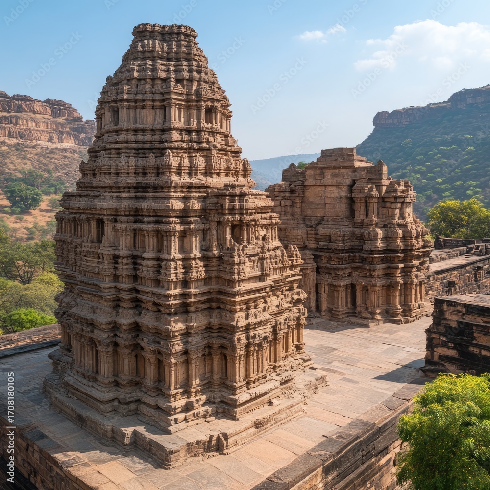 Fototapeta premium A stunning view of historical temples highlights ancient architecture and cultural heritage through intricate stone designs