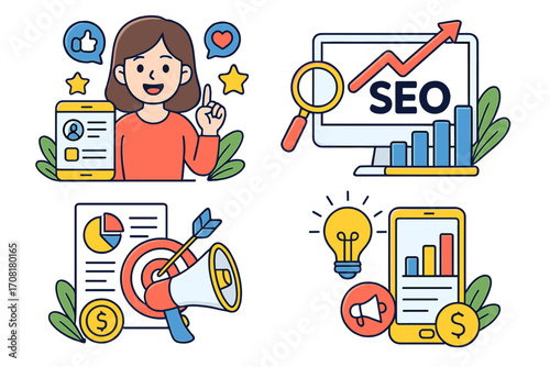Digital marketing illustration set. SEO optimization, business growth chart. Social media strategy. Target audience, advertising campaign. Data analysis finance vector icons.
