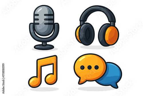 Podcast icon set with 3d microphone, headphones, music note and chat bubble. Vector cartoon illustration for audio broadcast, radio show, streaming, and communication media.
