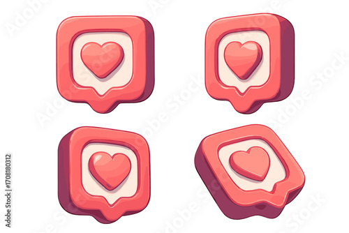 3D social media like icon set. Heart notification symbol for web and app design. Volumetric cartoon vector render from different angles. Follower love and favorite button.