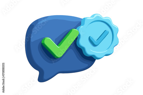 3D social media checkmark icon. Verified account badge on speech bubble. Approval and confirmation concept. Quality guarantee check. Correct validation symbol. Profile tick.