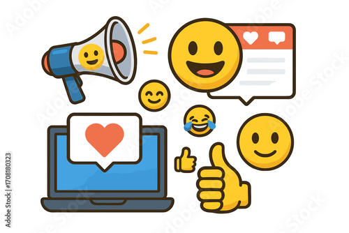 Social media marketing vector icon set. Digital promotion, customer feedback, online engagement concept. Cartoon laptop, megaphone, emoji reactions, thumbs up, likes.