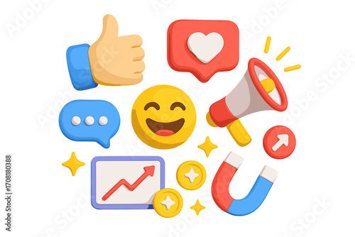 3D social media marketing icons set. SMM engagement and digital advertising concept. Vector illustration with like, heart, comment, emoji, growth chart, magnet, megaphone.