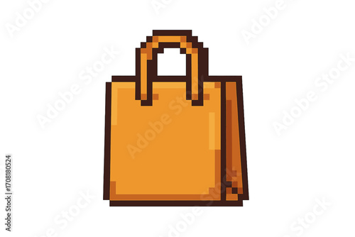 Shopping bag pixel art icon. 8-bit retro video game style paper bag for groceries or retail purchases. Isolated vector graphic for e-commerce, sale, and consumerism themes.