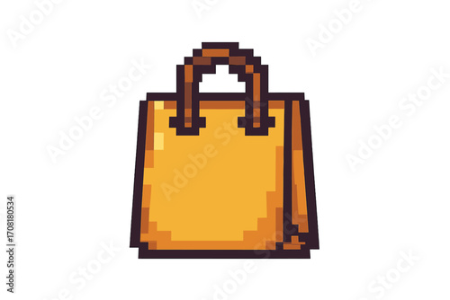Shopping bag pixel art icon. 8-bit retro video game style graphic. E-commerce, online store symbol. Concept for retail, sale, purchase, and digital marketplace. Vector.