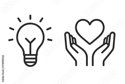 Light bulb and heart in hands icon set. Concept of creative idea, innovation, inspiration, and knowledge. Symbol of love, care, charity, health, and donation. Linear vector illustration.