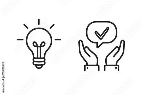 Idea approval and solution confirmation icon set. Light bulb for innovation, brainstorming, creativity. Hands holding check mark for accepted proposal, support and success.