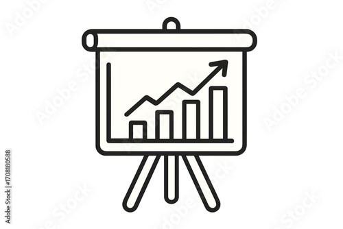 Presentation board with growth chart. Bar graph with arrow up showing success, progress. Financial report, data analysis. Business strategy, marketing statistic. Infographic icon.
