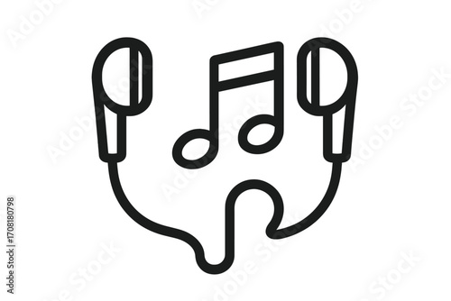 Listen to music concept icon. Headphones with musical note symbol. Audio streaming service vector logo. Earbuds for song, playlist, podcast. Sound and melody outline illustration.