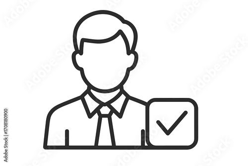 Linear Style Businessman Feedback Icon with Tick Symbol for Review Approval, Evaluation, Recommendation, Customer Satisfaction, Performance Assessment, Transparent Background, Vector Illustration