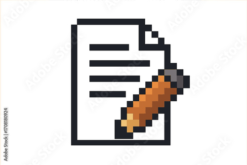 Pixel art document and pencil icon, writing symbol, office stationery illustration, creative text editing, digital note, paperwork, school supplies, cartoon vector for transparency, isolated graphic