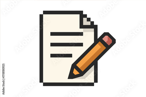 Pixel art style document editing icon, writing paper and pencil, digital note taking, create content, online document, vector cartoon illustration, isolated transparent background graphic