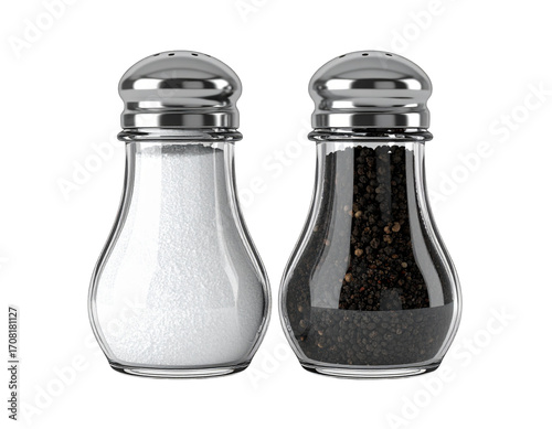 3D Classic Glass Salt and Pepper Shakers with Metal Lids, Isolated on Transparent Background PNG