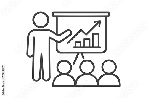 Business meeting presentation icon. Partnership teamwork symbol. Linear style vector art with upward growth graph, three attendees, speaker, strategy, training. Transparent background ordered concept.