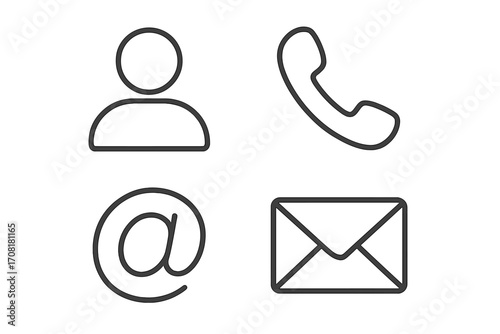 Linear style vector cartoon icons set for communication and contact methods, including person profile, telephone, email envelope, and at symbol, ideal for web and app user interface design